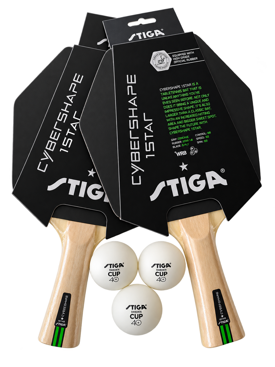 2 stk. STIGA Cybershape 1-stjernet bordtennisbat + 3 STIGA bolde - HURTIG LEVERING!