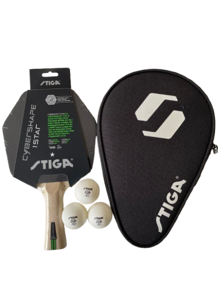 STIGA Cybershape 1-stjernet bordtennisbat + STIGA Batcover + 3 stk. STIGA bolde - HURTIG LEVERING!