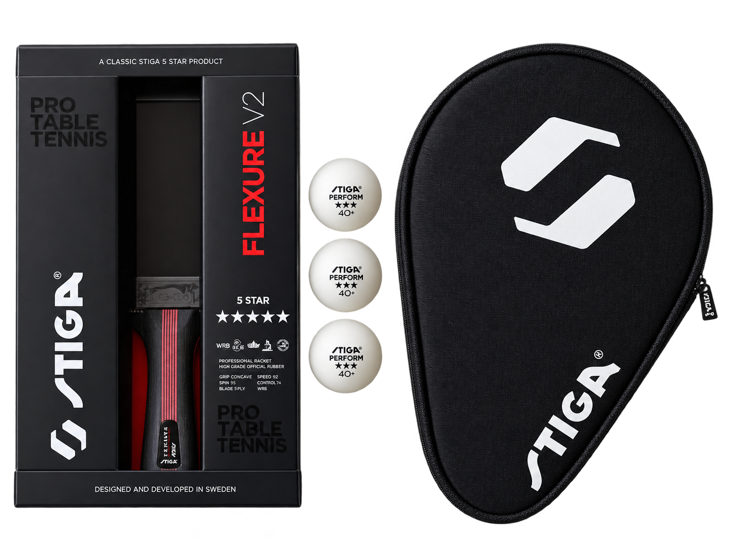 STIGA Flexure 5-stjernet bordtennisbat + STIGA batcover + 3 stk. 3-stjernede bolde