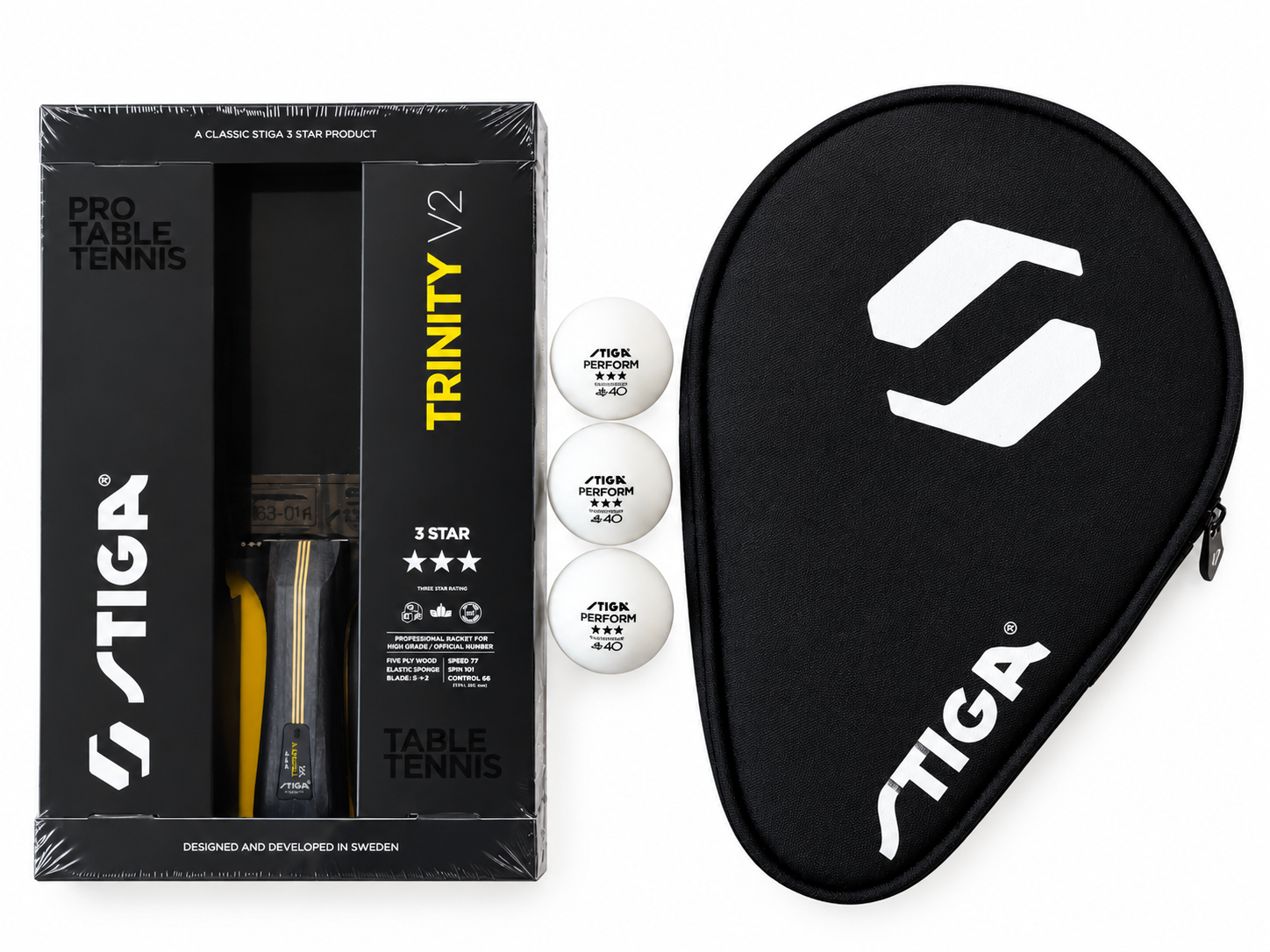 Stiga Trinity V2, 3-stjernet bordtennisbat + STIGA batcover + 3 stk 3-stjernede bolde - HURTIG LEVERING