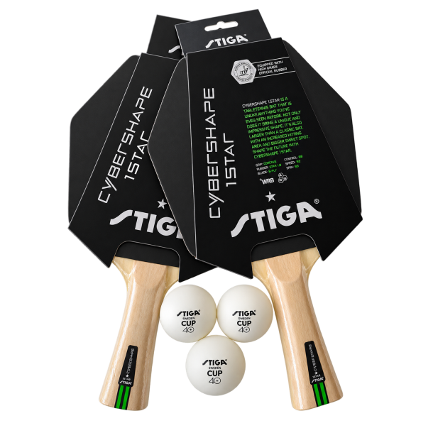 2 stk. STIGA Cybershape 1-stjernet bordtennisbat + 3 STIGA bolde - HURTIG LEVERING! 