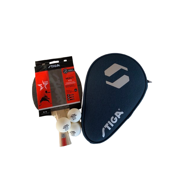 STIGA React 2-stjernet bordtennisbat + STIGA Batcover + 3 stk. 3-stjernede bolde - HURTIG LEVERING!