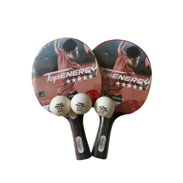 2 stk. Top Energy 5-stjernede bordtennisbat + 3 stk. STIGA 3-stjernede bolde 