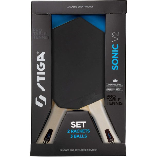 STIGA Sonic V2 - Flot s�t med STIGA's nye Cybershape bat - 2 bat og 3 bolde - HURTIG LEVERING!