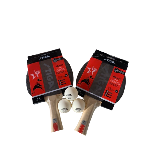 2 stk. STIGA React 2-stjernet bordtennisbat + 3 stk. 3-stjernede bolde - HURTIG LEVERING!