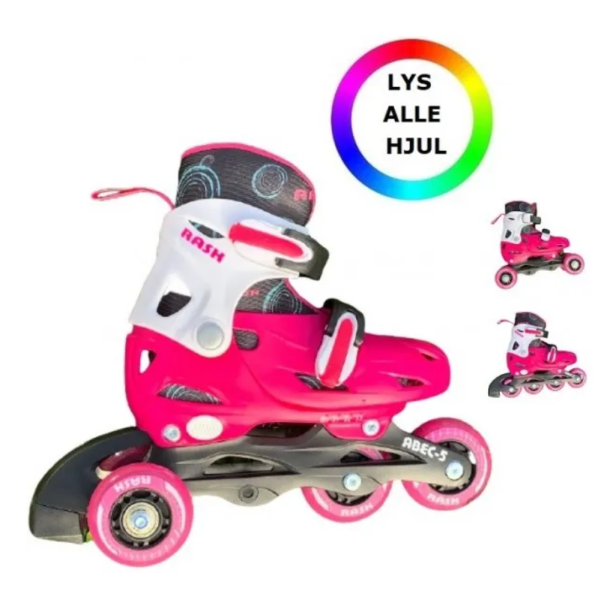 RASK Rulleskjte 3-i-1 Pink LED - Justerbar over hele 4 sko-numre med smart kliksystem