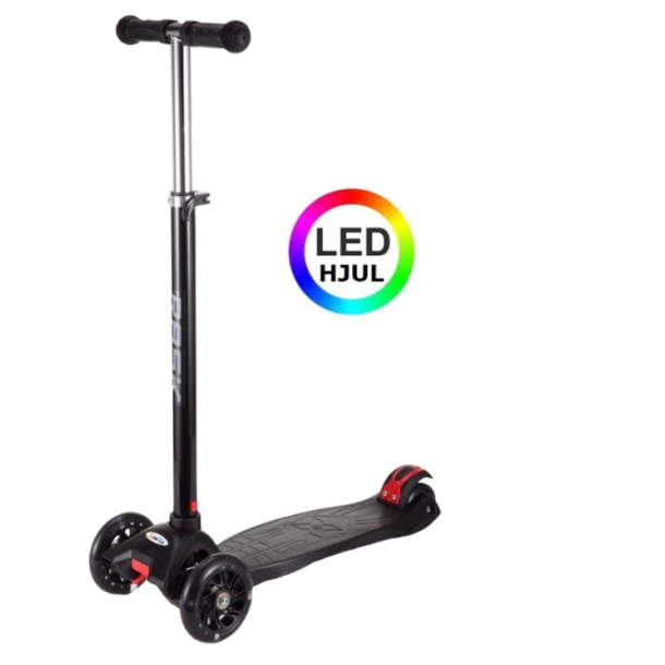 RASK Trehjulet Løbehjul Sort med LED-hjul - HURTIG LEVERING - 3-8 år