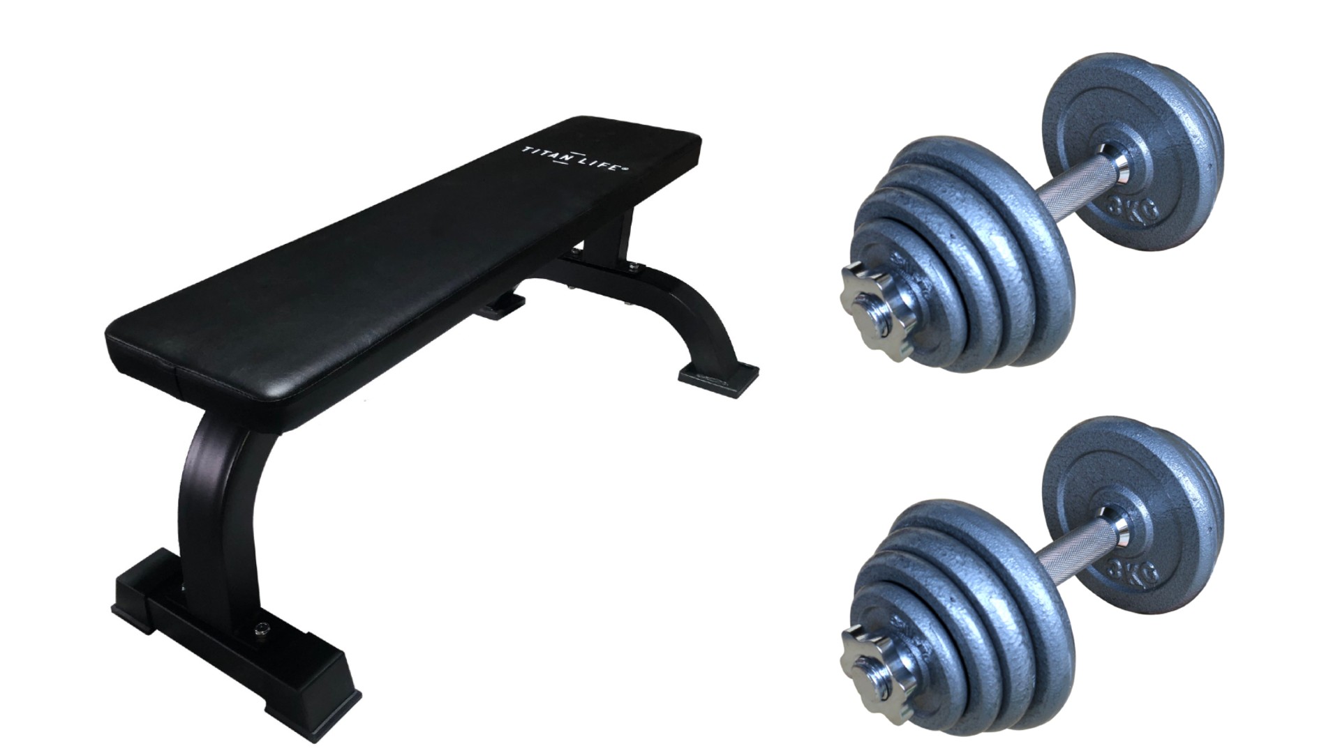 Billede af TITAN LIFE Bench Flat Basic m/håndvægte - FRI FRAGT - Træningsbænk & 2 håndvægte á 15 kg